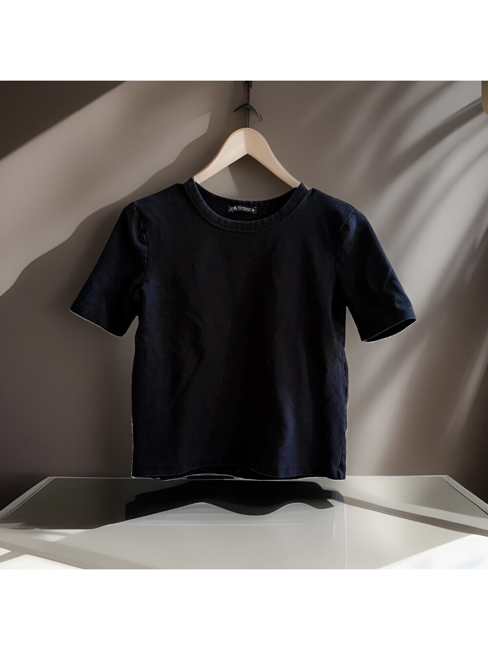 Zara Women’s XS Black Structured Short Sleeve Crew Neck Cotton T-Shirt Top
